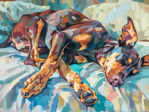 The doberman puppy sleeping on the bed, in the style of light maroon and dark aquamarine, piles/stacks, mommy's on-the-phonecore, raw and unpolished, pendleton ward, made of all of the above, full of movement 4:3