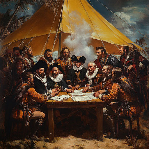 Famous warriors meeting around King James I at night