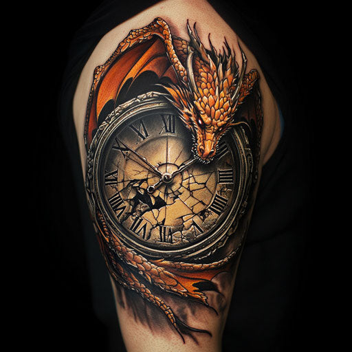Dragon tattoos for men with a dragon wrapped around a broken clock