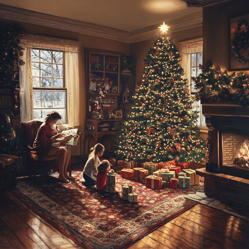 Cozy Christmas living room, family unwrapping gifts by tree