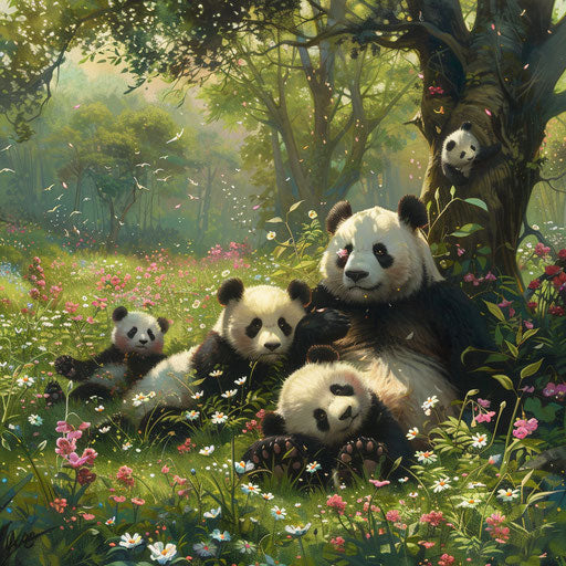 Giant panda family enjoying a peaceful afternoon in a flowery meadow, under the towering trees.