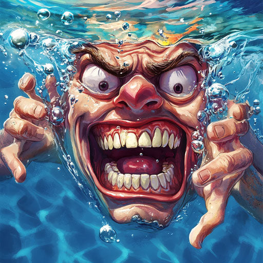 Humorous caricature of a swimming caricature clipart with human characteristics, exaggerated big teeth, expressive hands, colorful backdrop, vibrant colors, cartoon style, angry, high-resolution, no background, isolated