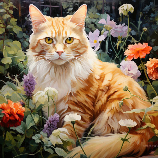 Ginger cat in a flower bed with beautiful flowers
