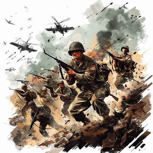 War clipart in a photo realistic style against a flat and white background, focusing on sharp edges and vibrant tones