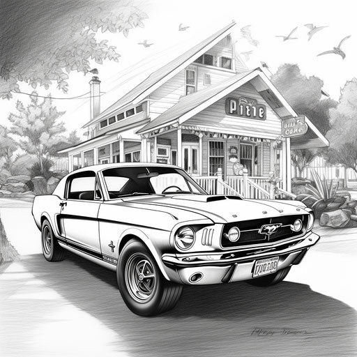 Vintage flickr style coloring page of Ford Mustang in B&W