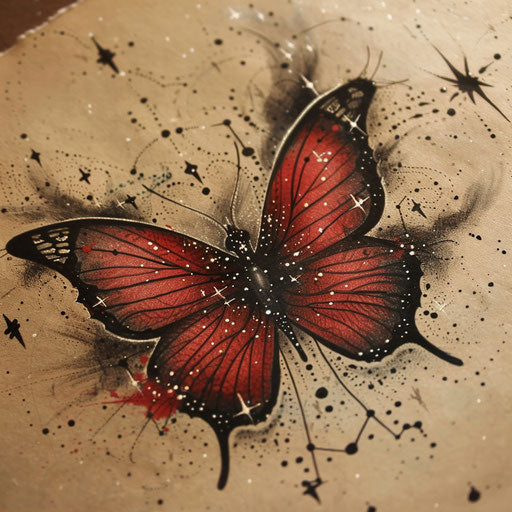 Whimsical tattoo sketch of a red butterfly with magical sparkles and starry night theme