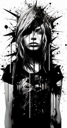 Free black and white star drawing with drips and splatters, lunarpunk style