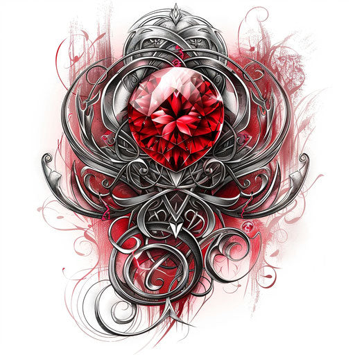 Mystical tattoo sketch of a ruby with swirling magical runes around it, in deep red and silver, clipart style