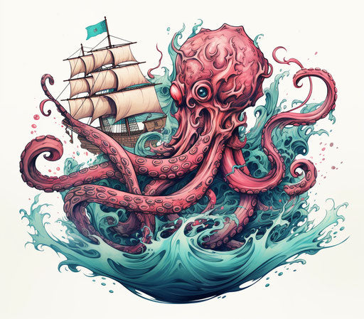 Unusual sea battle in magenta and teal tones