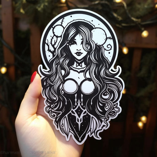 Grim Shadow Moon Stitch Black and White, in the Style of Occultist Draftsman, Feminine Sticker Art, Metal