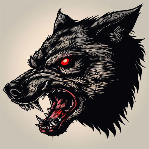 Vibrant tattoo sketch of a snarling black wolf with red eyes