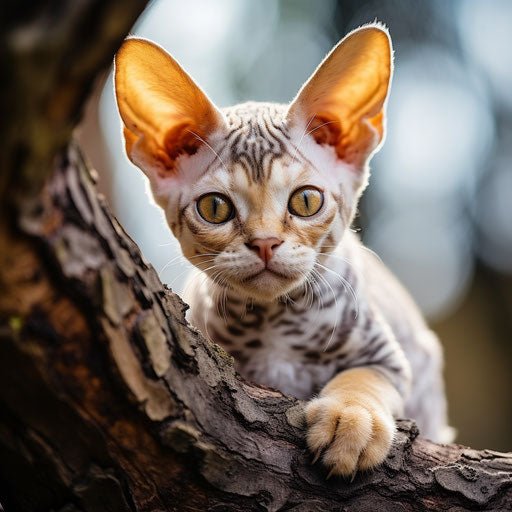 Devon rex cat laying on a tree branch