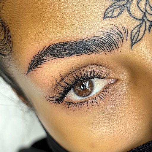 Brow tattoo with deep, shadowy contrasts and sharp edges
