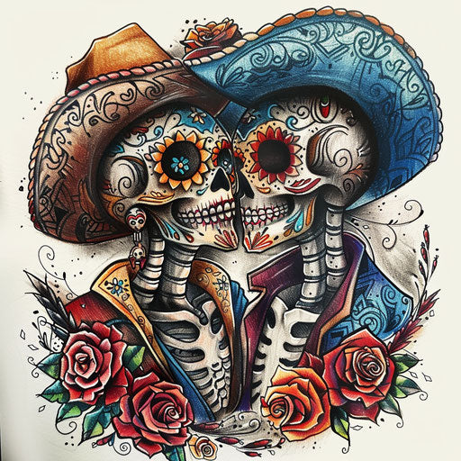 Tattoo sketch of a Chicano Day of the Dead couple, colorful and detailed