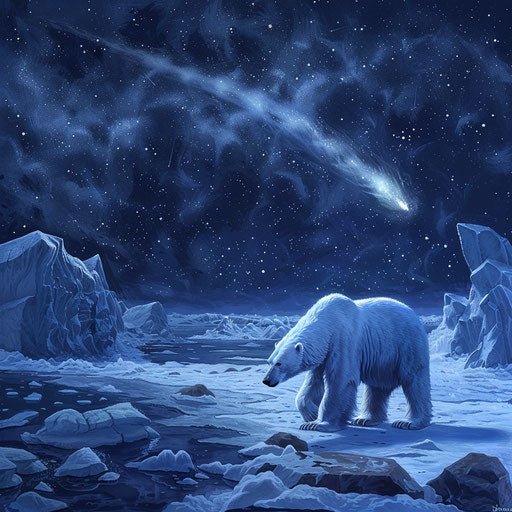 White bear crossing frozen landscape with comet in starry night sky