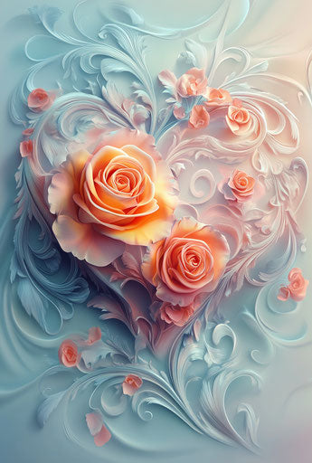 3D vector heart with roses and swirls on pastel background