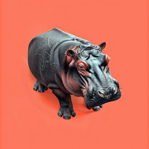 Realistic clipart of a hippo on a flat, vibrant coral background