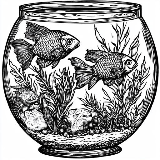 Detailed fish in an aquarium in the style of Stephen Wiltshire, Coloring book page