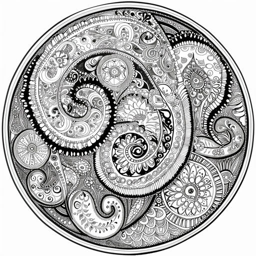 Circle with paisley patterns and flowers. Coloring page