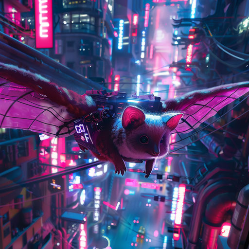 A cyberpunk sugar glider navigating the neon-lit streets of a futuristic city