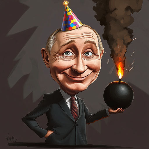 Caricature of Vladimir Putin with human features and party hat