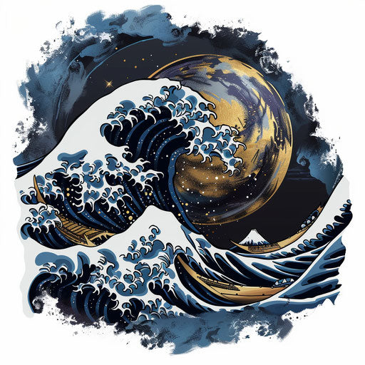 Stylized Japanese wave tattoo sketch, gold clipart and dark blue