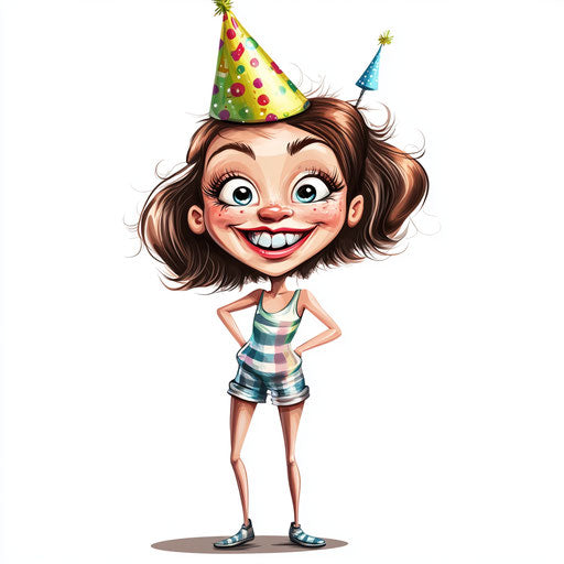 Humorous caricature of a birthday party caricature clipart with human characteristics, exaggerated bushy eyebrows, short legs, simple gradient, vibrant colors, cartoon style, winking, high-resolution, no background, isolated