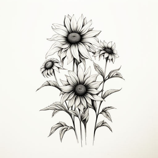 Drawings of sunflowers in black and white, minimalist style