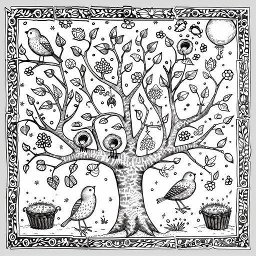 Whimsical tree filled with birds and nests, perfect for spring
