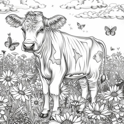 Cow in meadow with flowers and butterflies