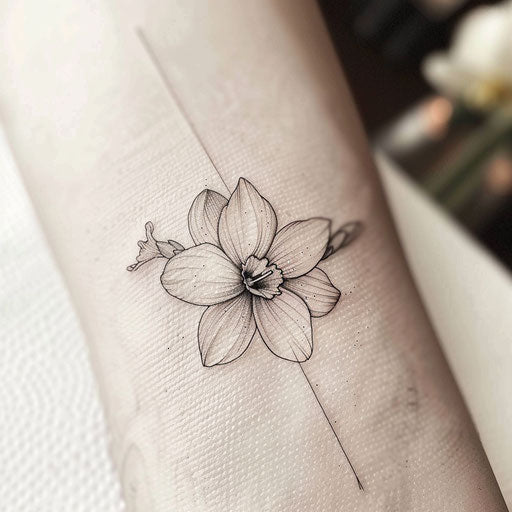 Elegant single needle Narcissus tattoo design, fine details on white background.