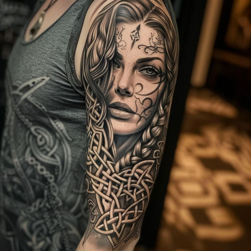 Celtic mythology sleeve tattoo in the style of Glenn Fabry