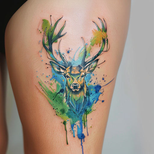 Watercolor-style deer tattoo with blue and green splashes