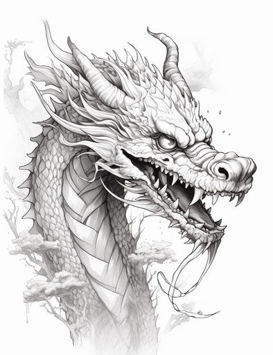 Chinese dragon in black and white, highly detailed