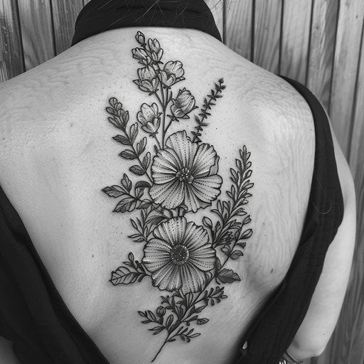 Dotwork wildflower tattoo, black and grey shading