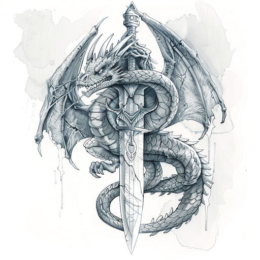 Dragon wrapping around a medieval sword - fantasy tattoo design