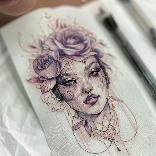 Elegant flat floral tattoo sketch with delicate rose and violet hues