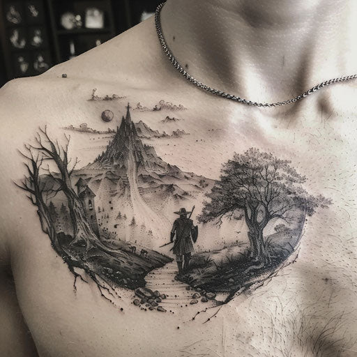 Epic collarbone tattoo depicting a mythological journey