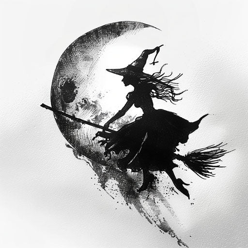 Detailed witch flying on broom in front of moon