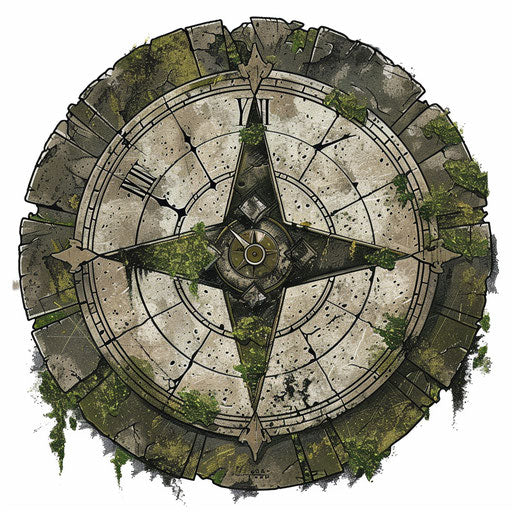 Ancient sundial in stone texture with mossy greens