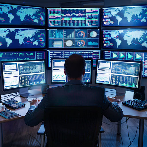 Business man analyzing complex data on multiple screens