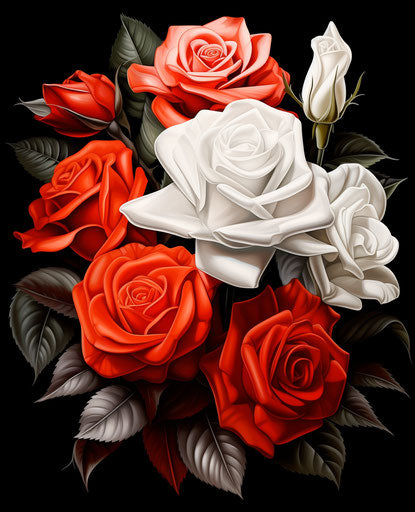 Red and white rose with lots of daffodils