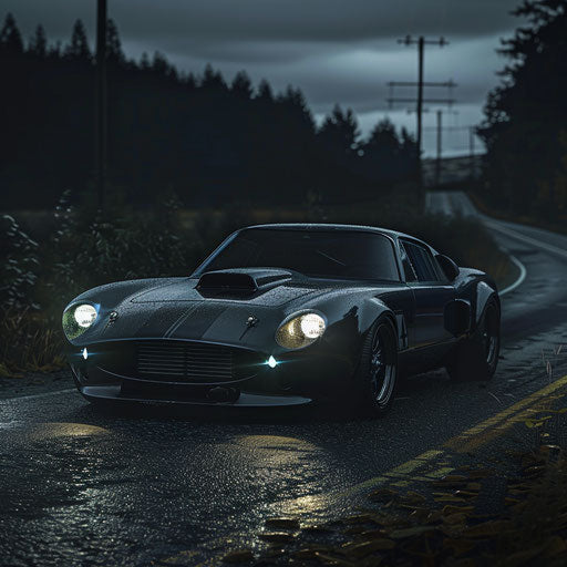 Stealthy matte black Shelby Daytona with night vision headlights on covert mission