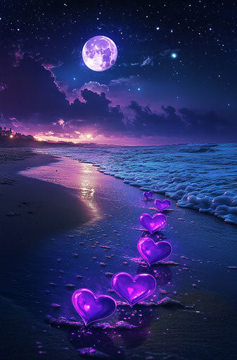 Shining purple hearts on the night beach, moon and stars