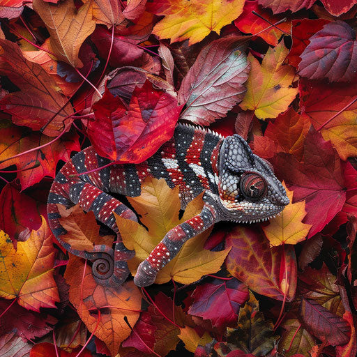 A chameleon blending in the fallen leaves of an autumn forest