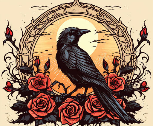 Crow on wavy background with roses and sun, tattoo style