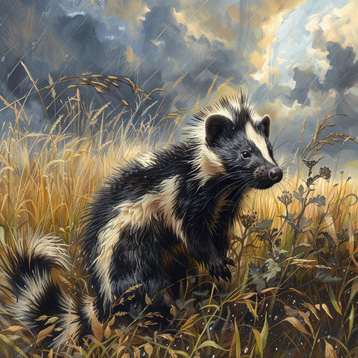 An eastern spotted skunk in alert stance in a meadow, with storm brewing in the distance.