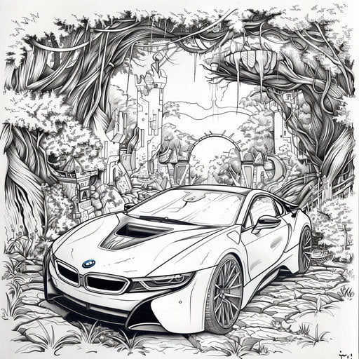 BMW car in a magical forest with enchanted elements