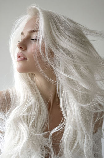 Blonde woman with long white hair for a wedding dress photoshoot