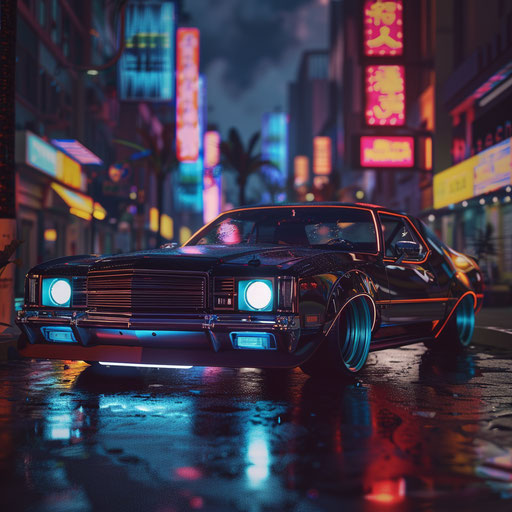 Retro-futuristic 1976 Classic Malibu with electric blue neon